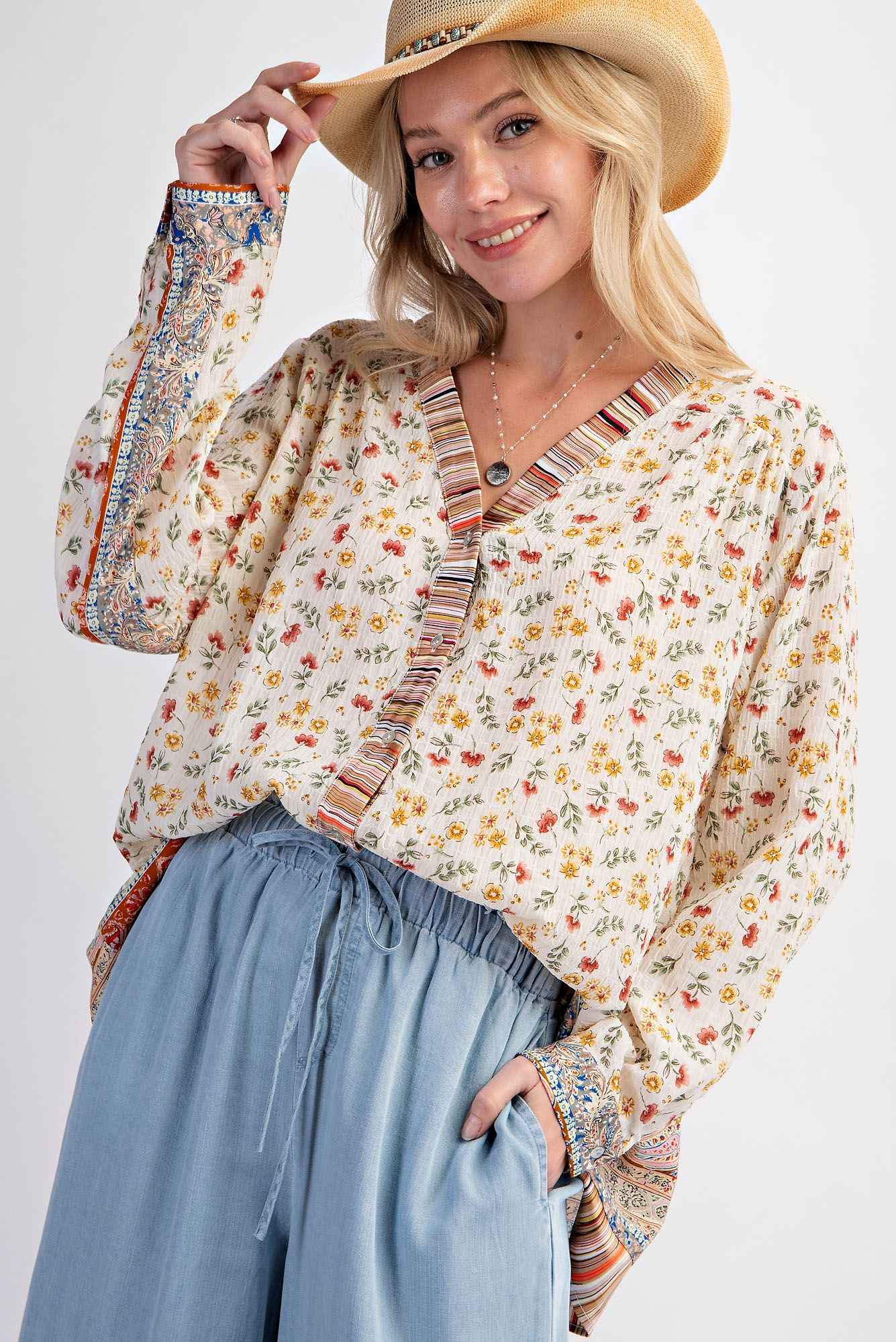 Easel Plus Print Mix Button Down V Neck Lightweight Tops