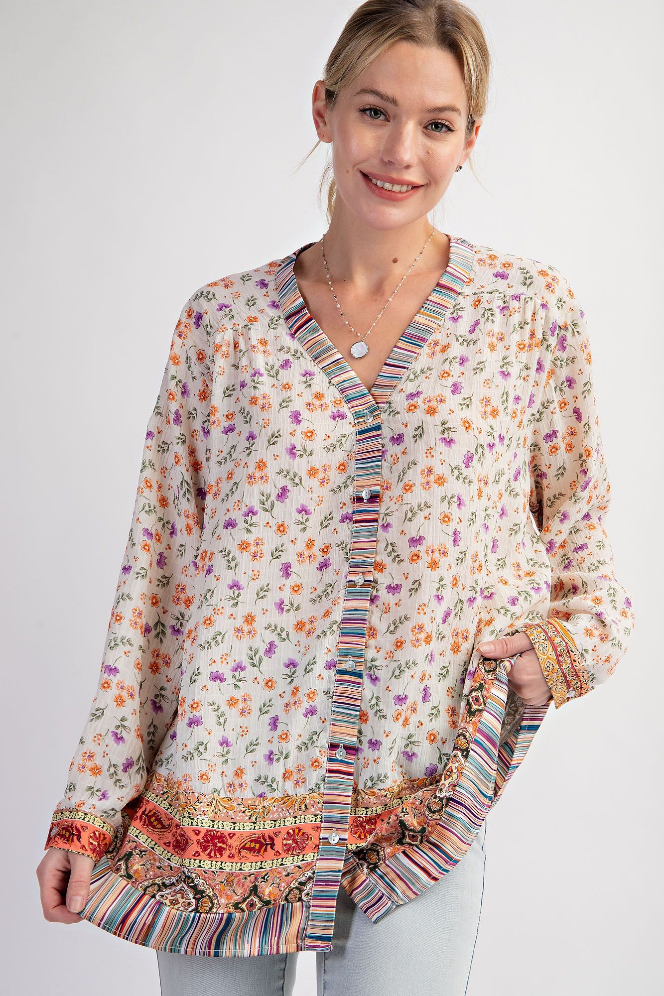 Easel Plus Print Mix Button Down V Neck Lightweight Tops