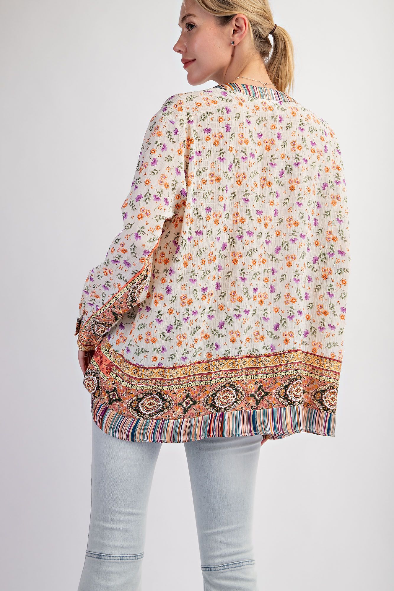 Easel Plus Print Mix Button Down V Neck Lightweight Tops