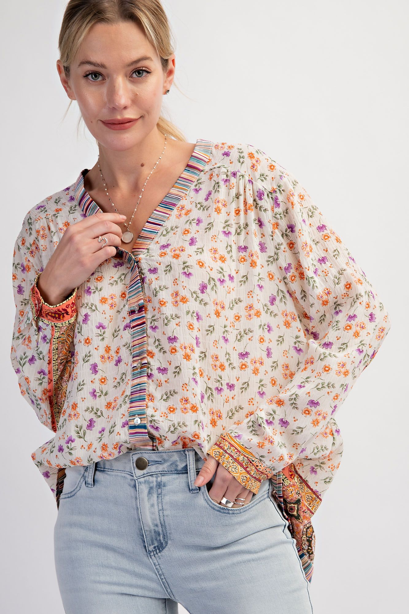 Easel Plus Print Mix Button Down V Neck Lightweight Tops