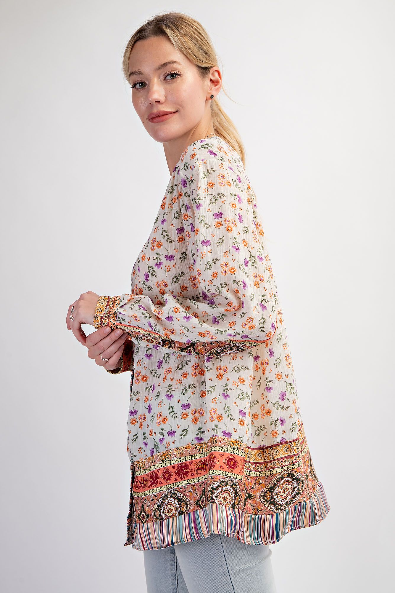 Easel Plus Print Mix Button Down V Neck Lightweight Tops