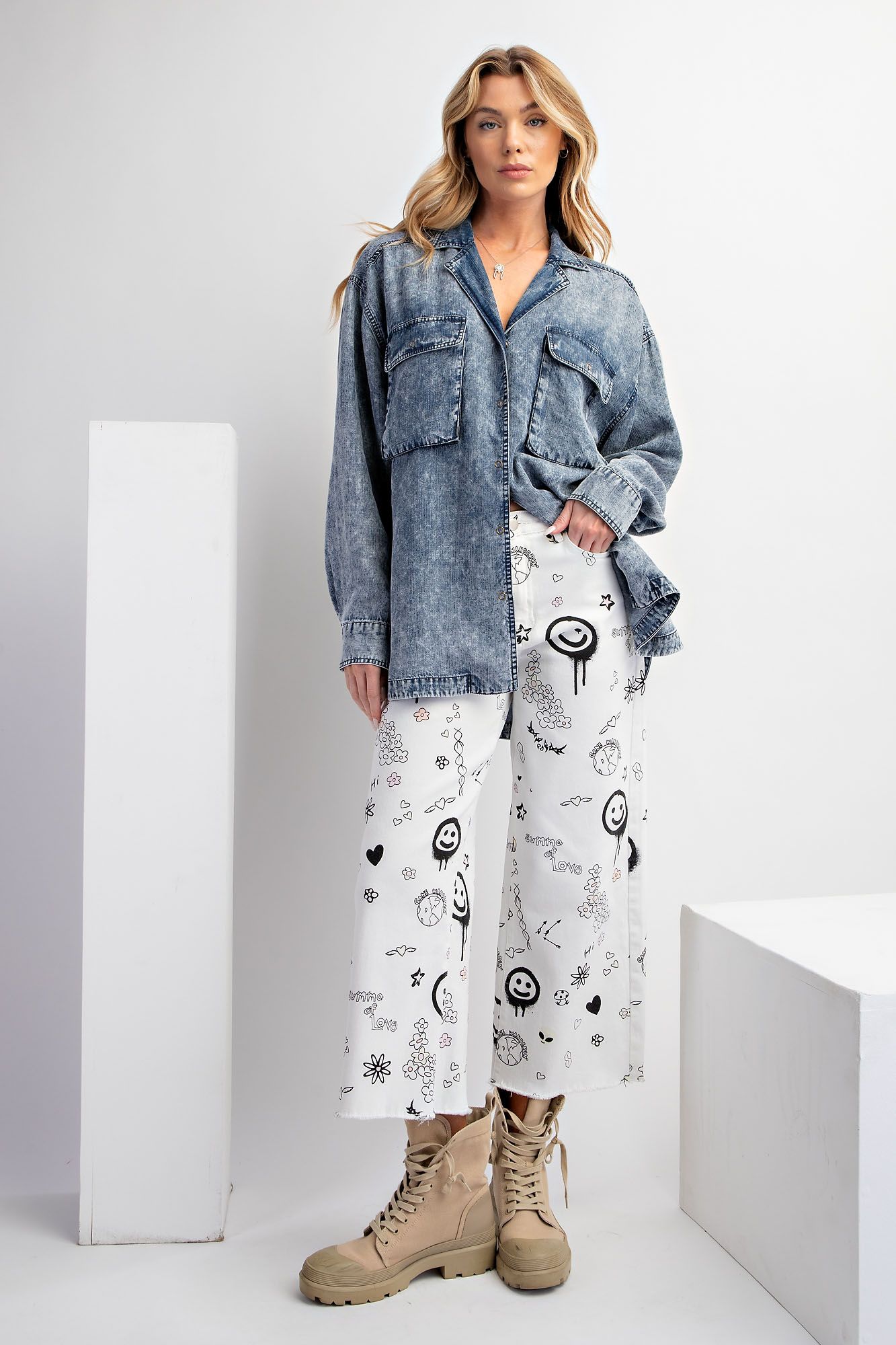 Easel Plus Stone Washed Snap Button Down Shirt Tops