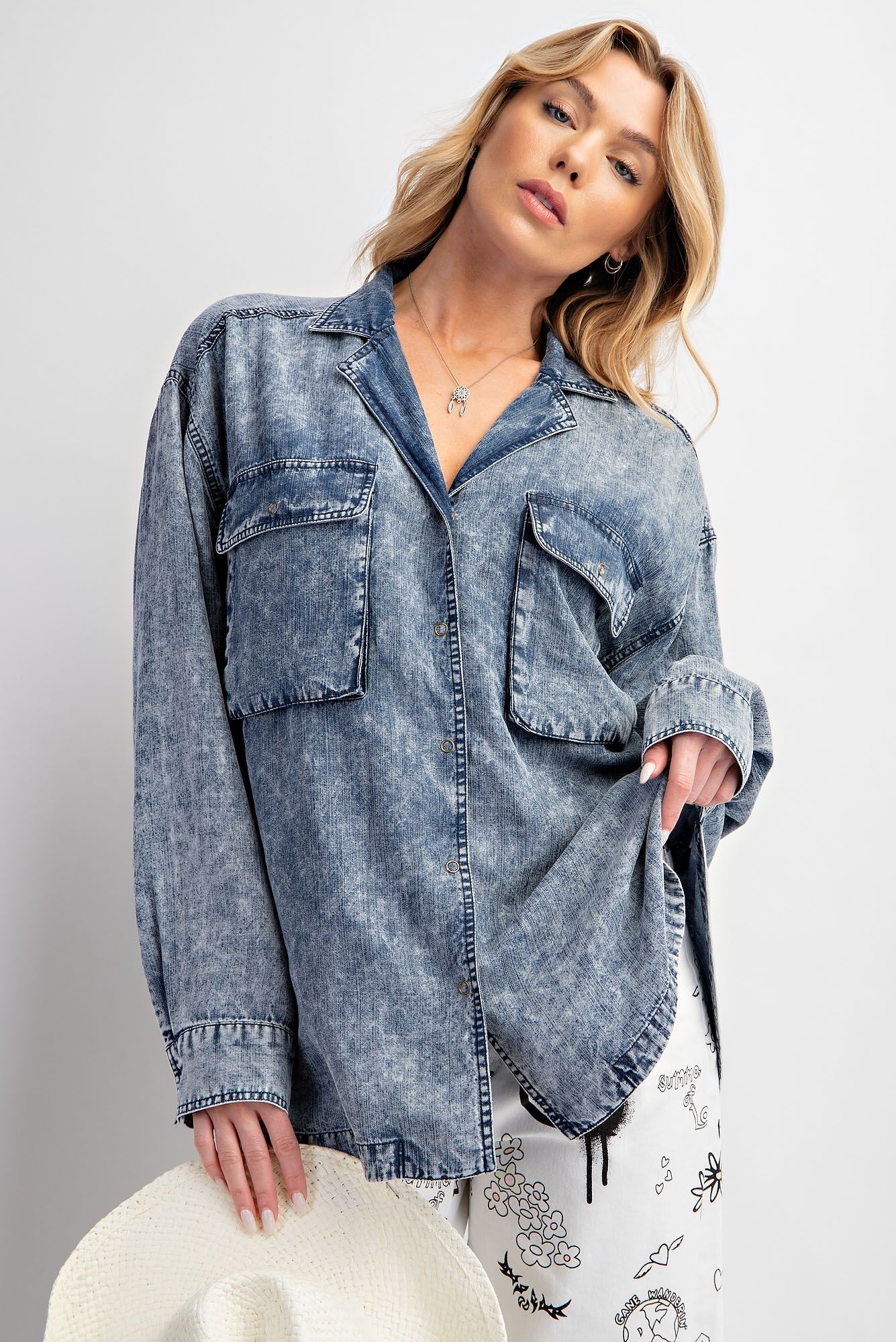 Easel Plus Stone Washed Snap Button Down Shirt Tops