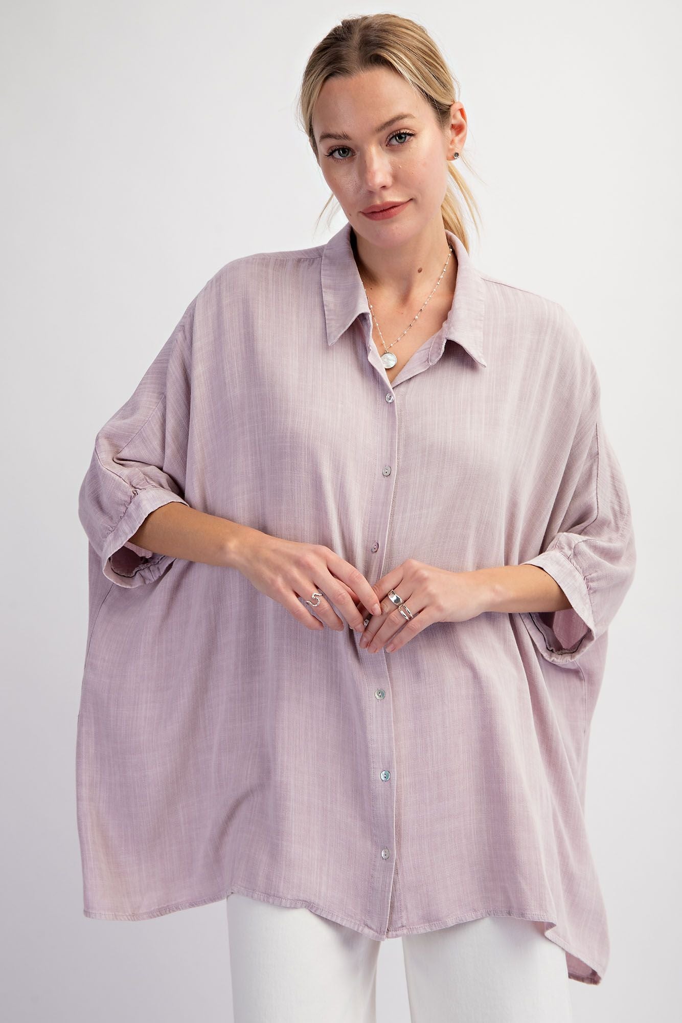 Easel Plus Linen Mineral Washed Dolman Sleeve Shirt Tops