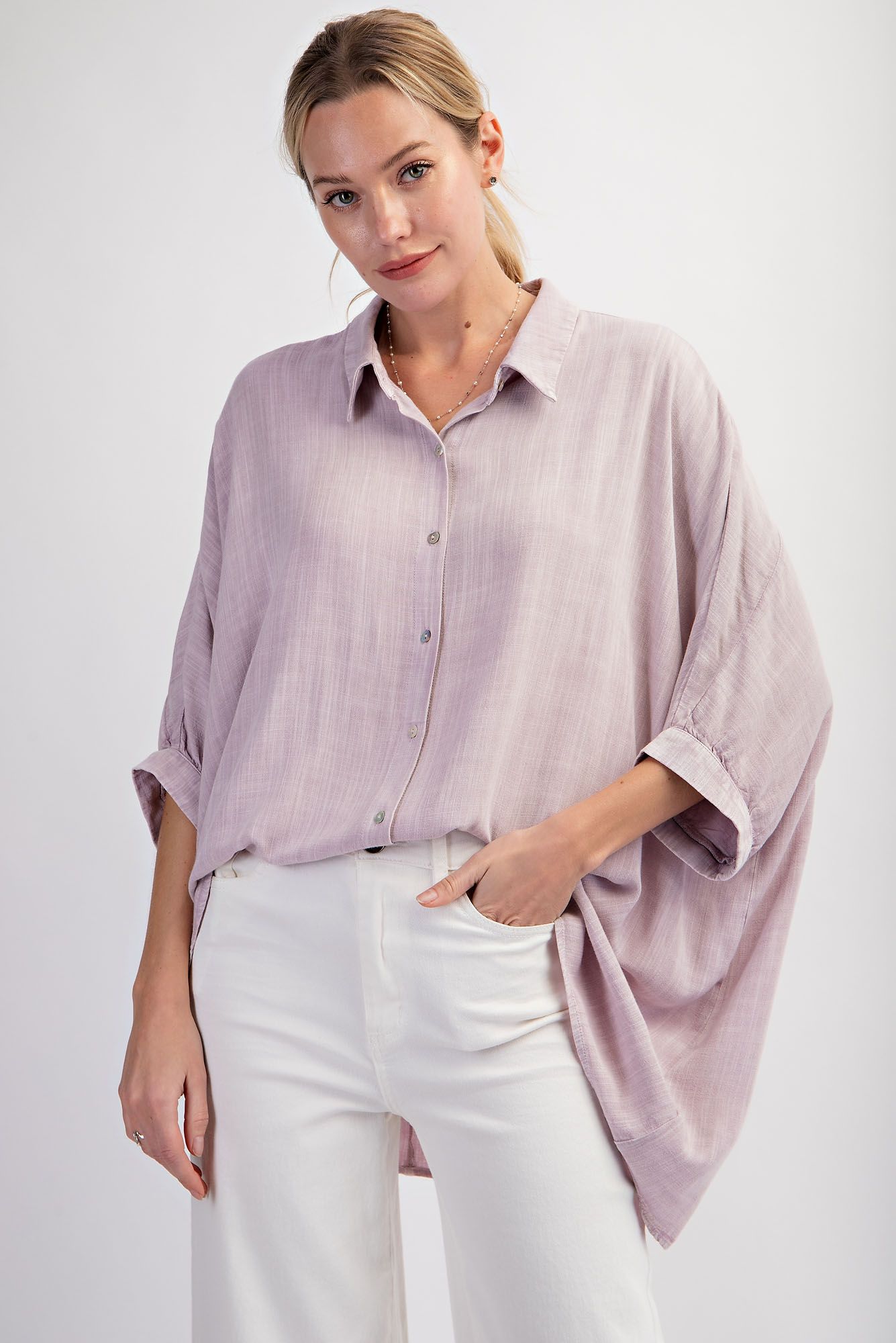 Easel Plus Linen Mineral Washed Dolman Sleeve Shirt Tops