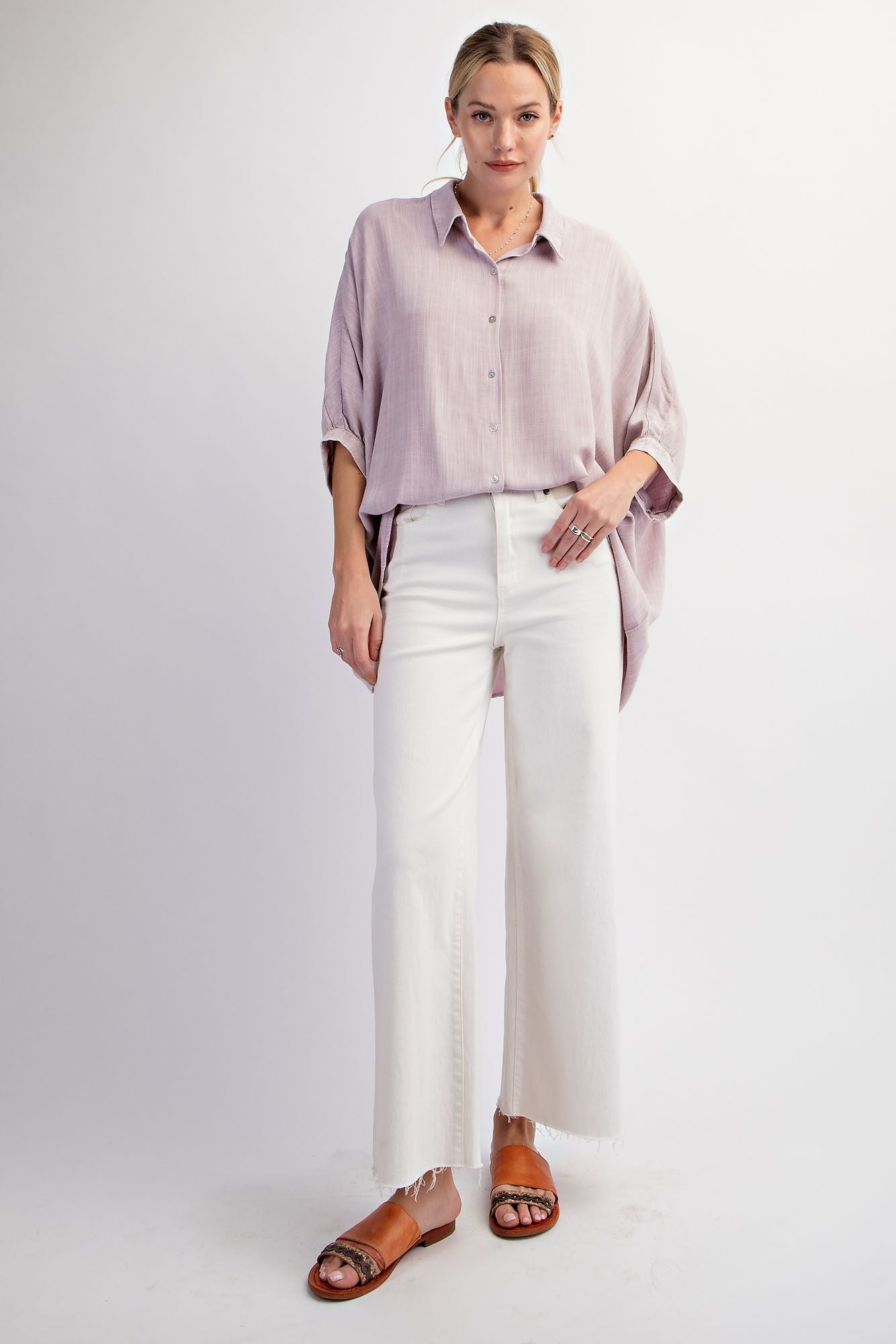 Easel Plus Linen Mineral Washed Dolman Sleeve Shirt Tops