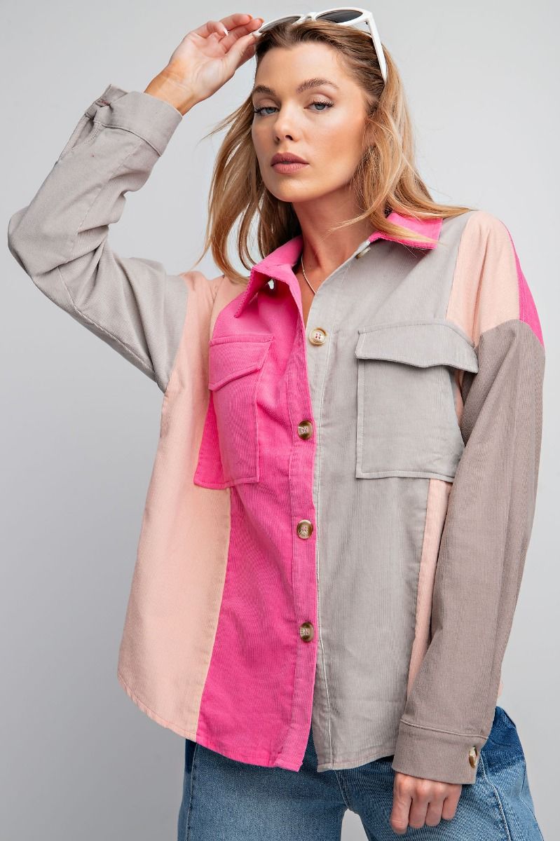 Easel Plus Color Block Corduroy Shirt Shaket Tops