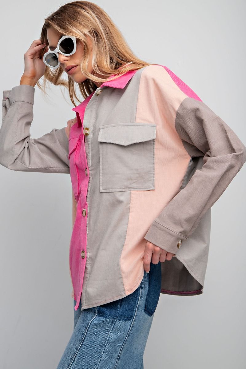 Easel Plus Color Block Corduroy Shirt Shaket Tops
