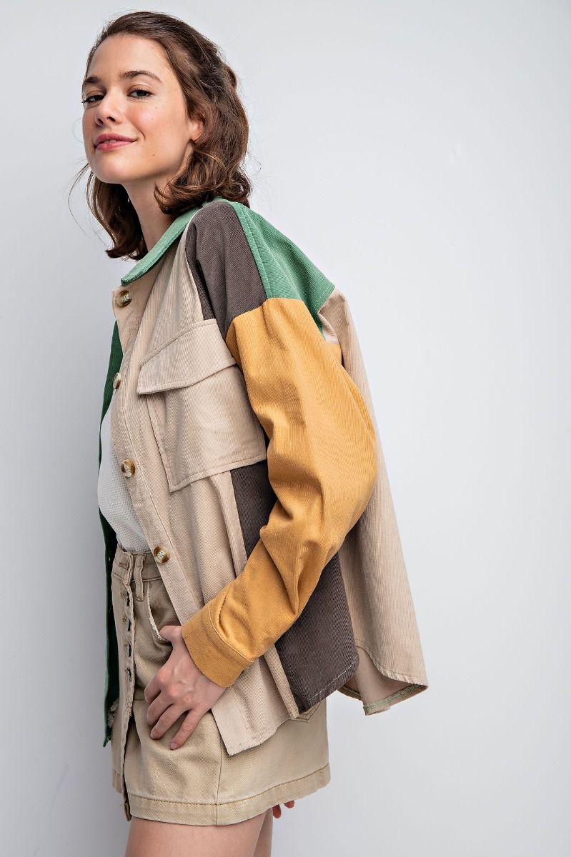 Easel Plus Color Block Corduroy Shirt Shaket Tops