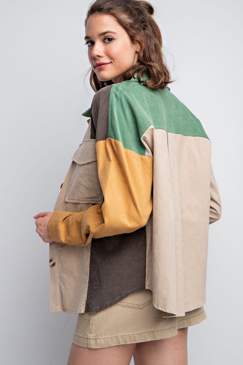 Easel Plus Color Block Corduroy Shirt Shaket Tops