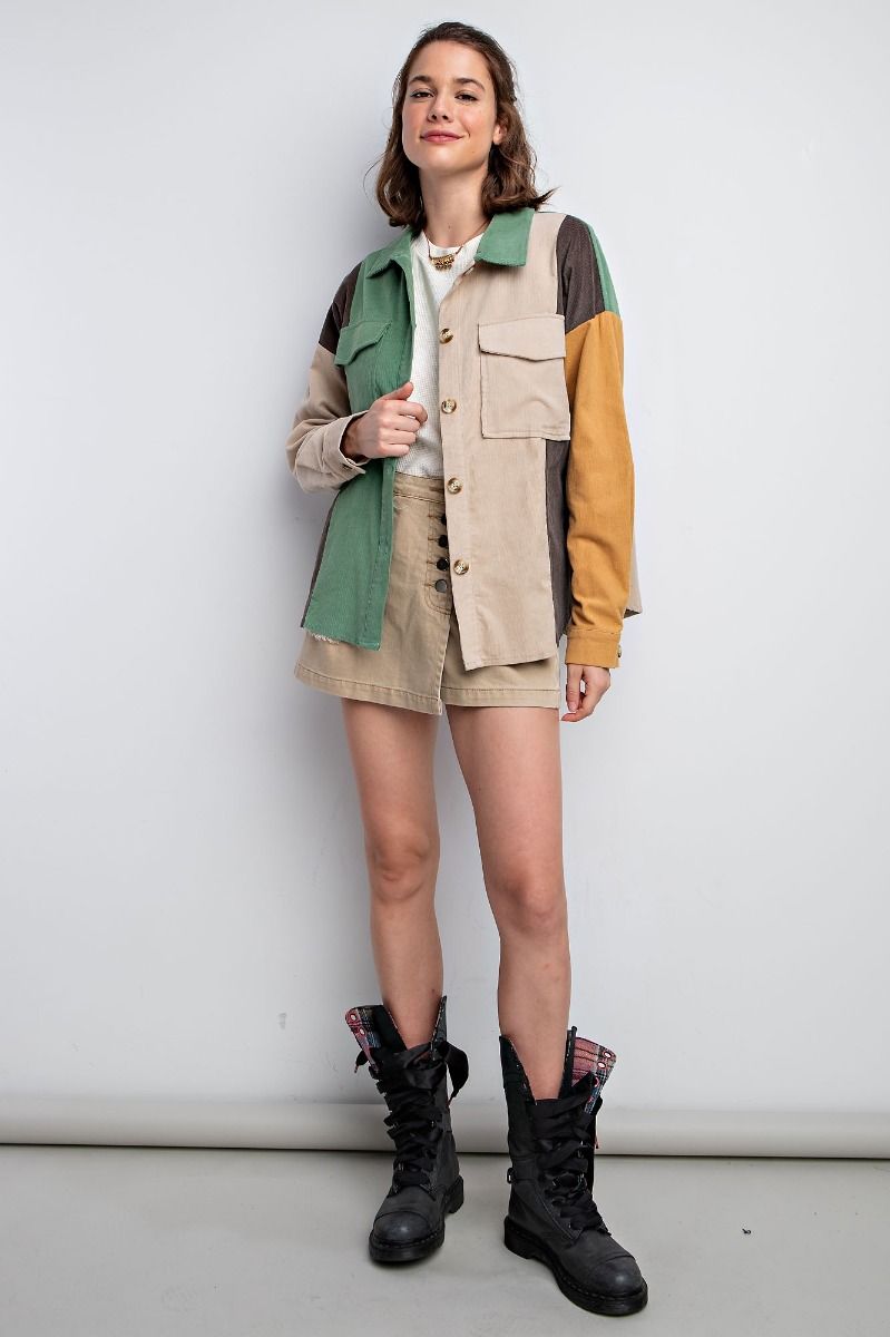 Easel Plus Color Block Corduroy Shirt Shaket Tops
