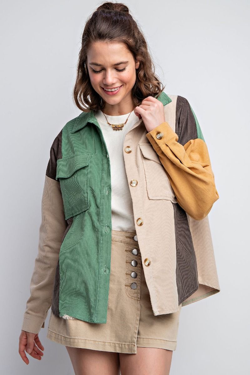 Easel Plus Color Block Corduroy Shirt Shaket Tops