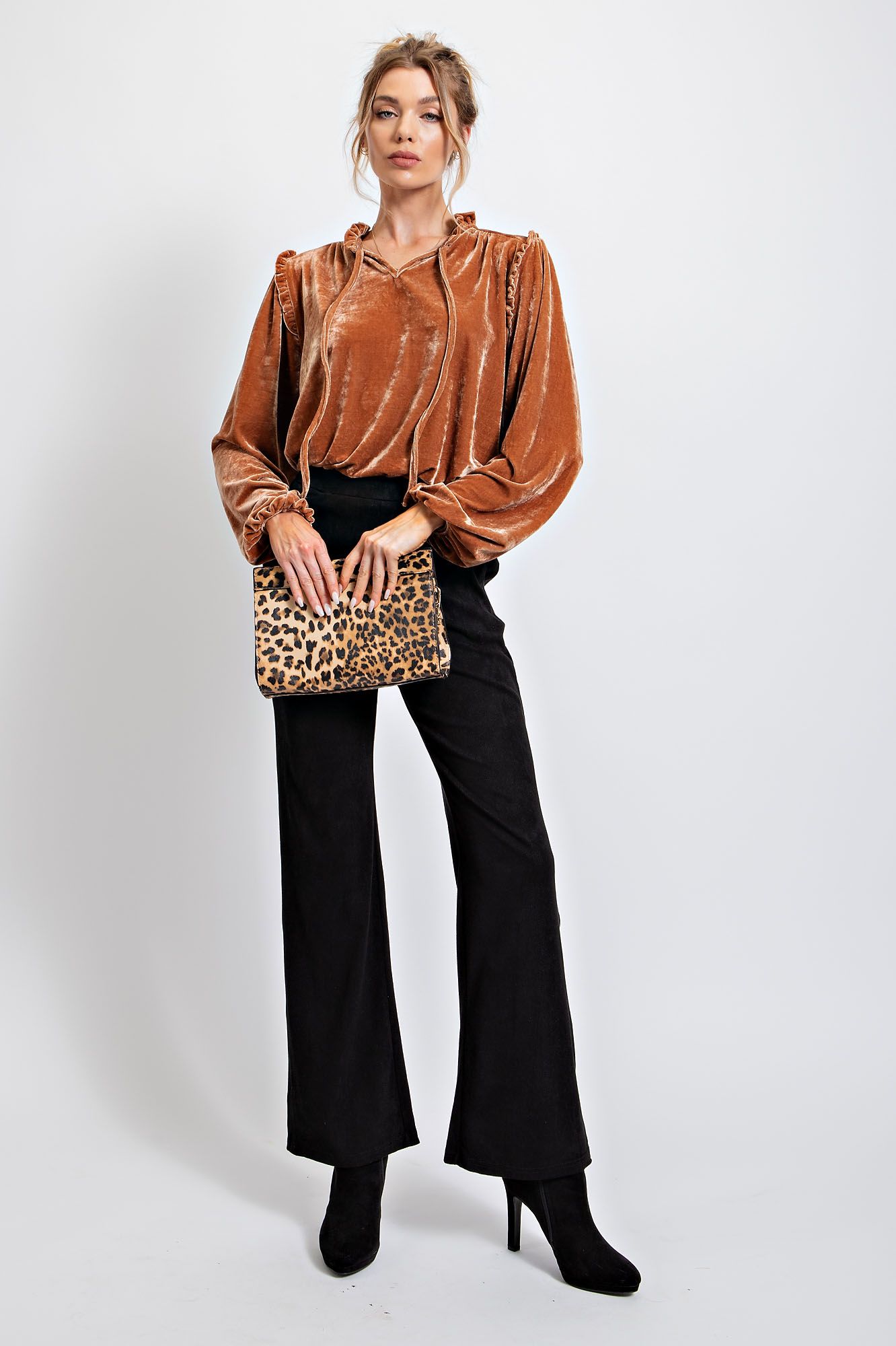 Easel Plus Ruffle Detail Shiny Velvet Loose Fit Tops
