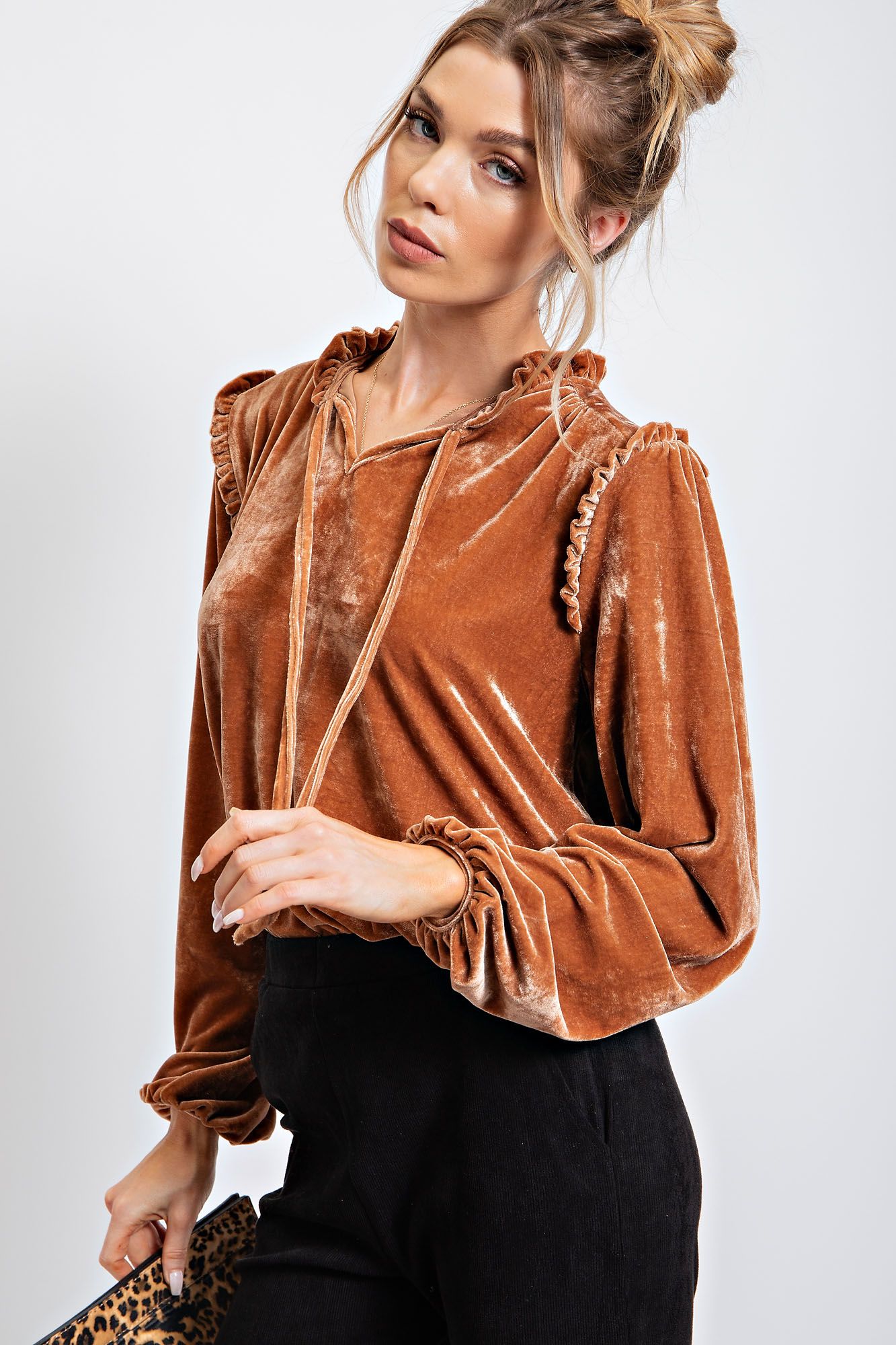 Easel Plus Ruffle Detail Shiny Velvet Loose Fit Tops