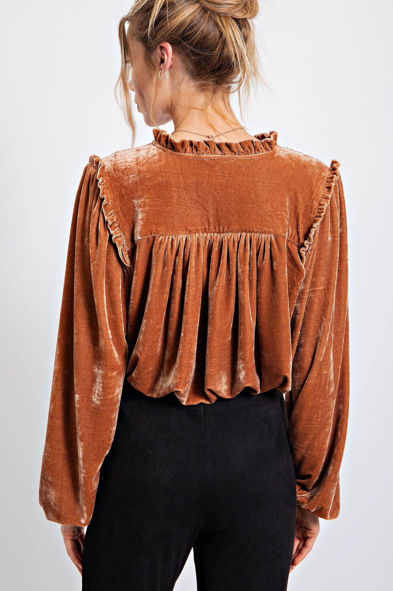 Easel Plus Ruffle Detail Shiny Velvet Loose Fit Tops