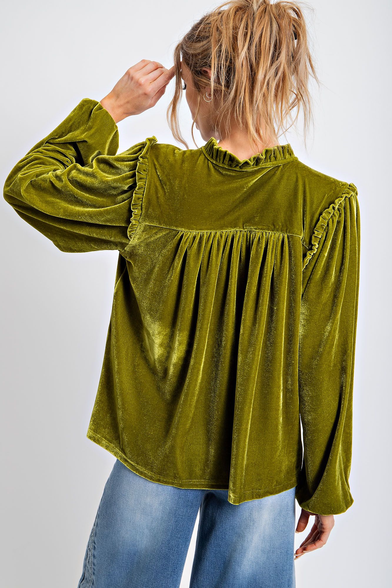 Easel Plus Ruffle Detail Shiny Velvet Loose Fit Tops