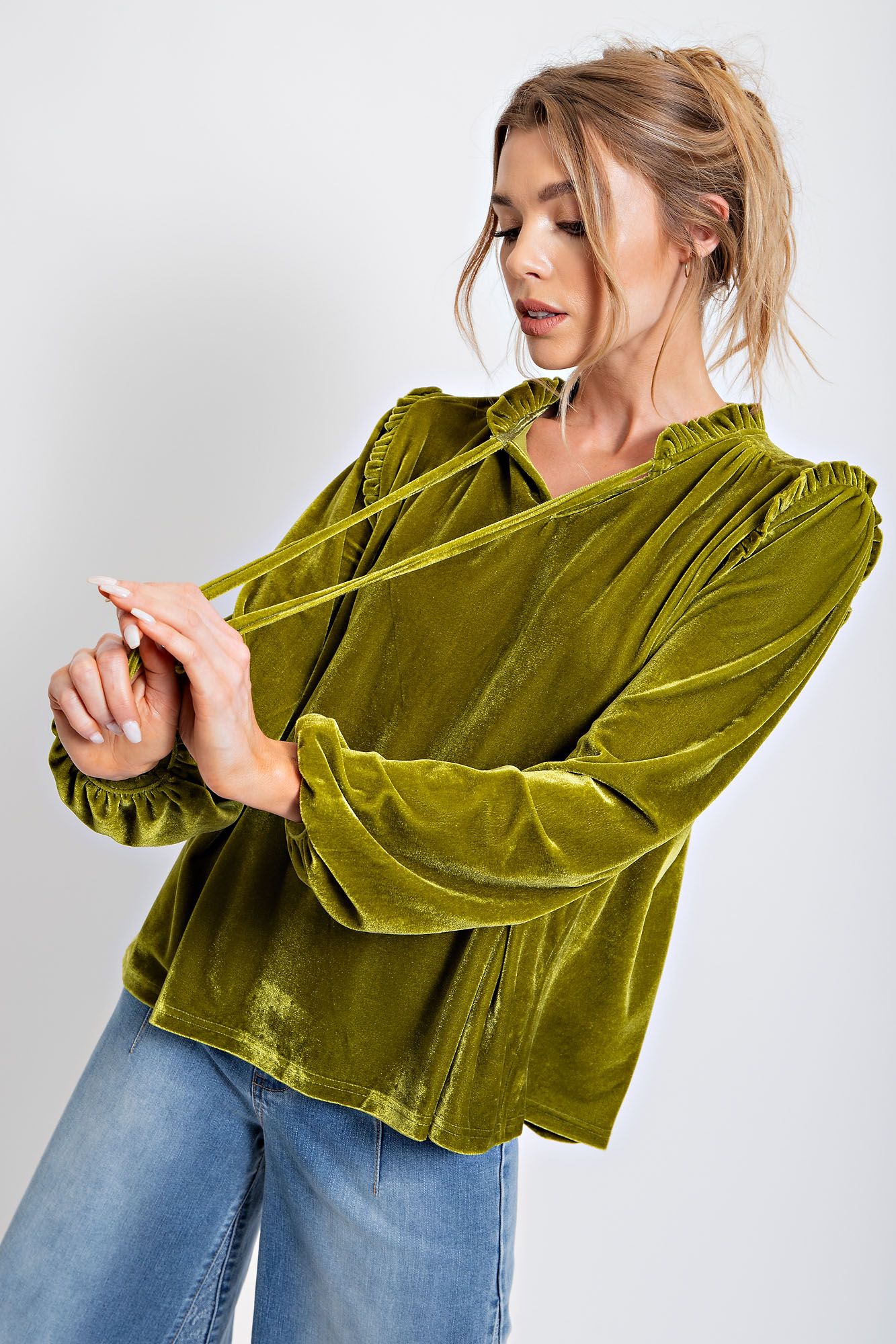 Easel Plus Ruffle Detail Shiny Velvet Loose Fit Tops