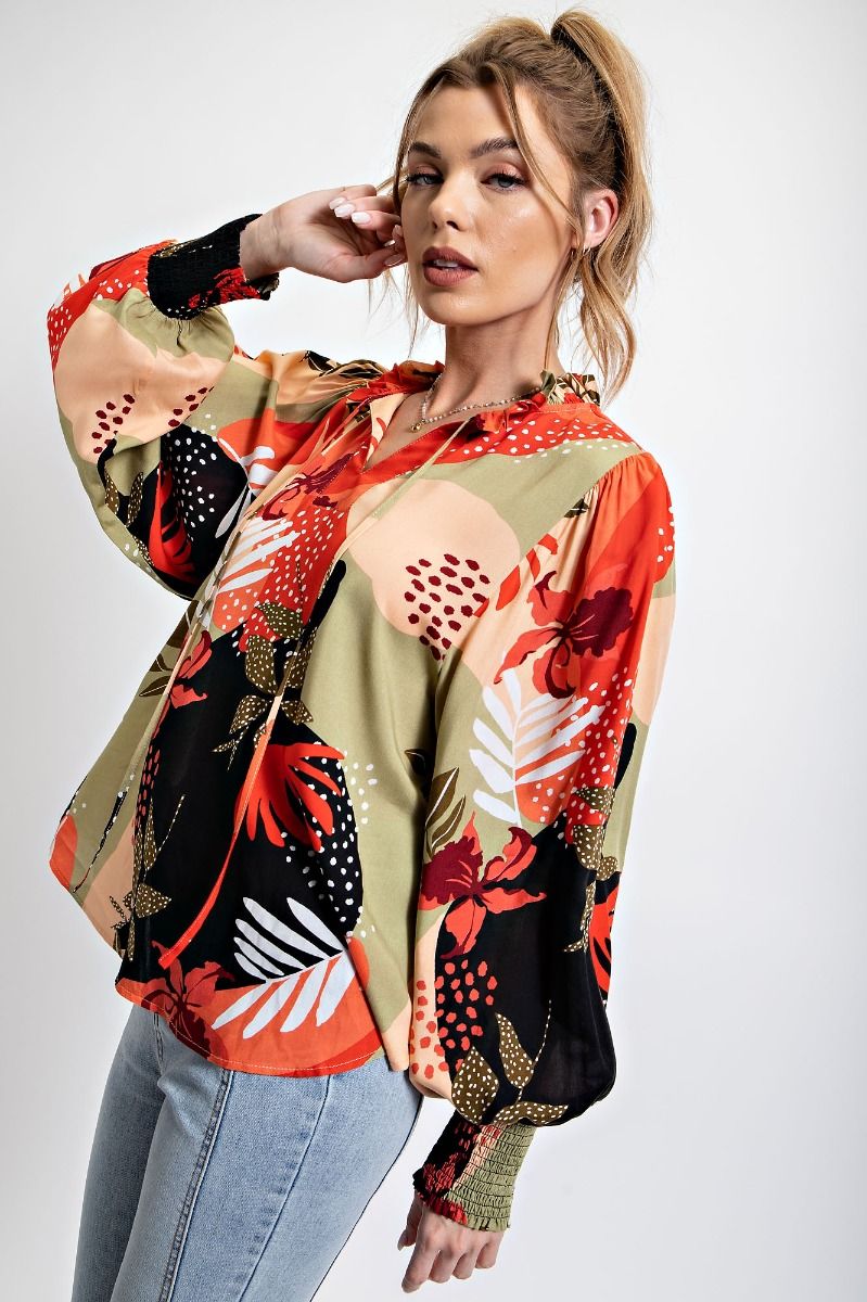 Easel Plus Floral Printed Challis Smocked Long Cuffs Blouse Tops