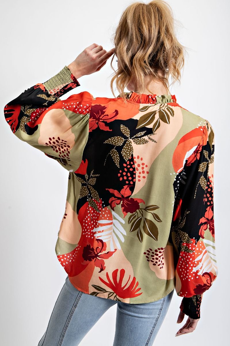 Easel Plus Floral Printed Challis Smocked Long Cuffs Blouse Tops