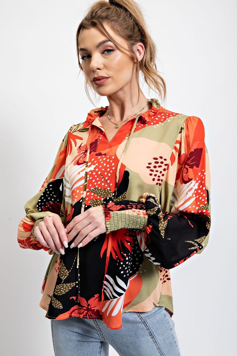 Easel Plus Floral Printed Challis Smocked Long Cuffs Blouse Tops