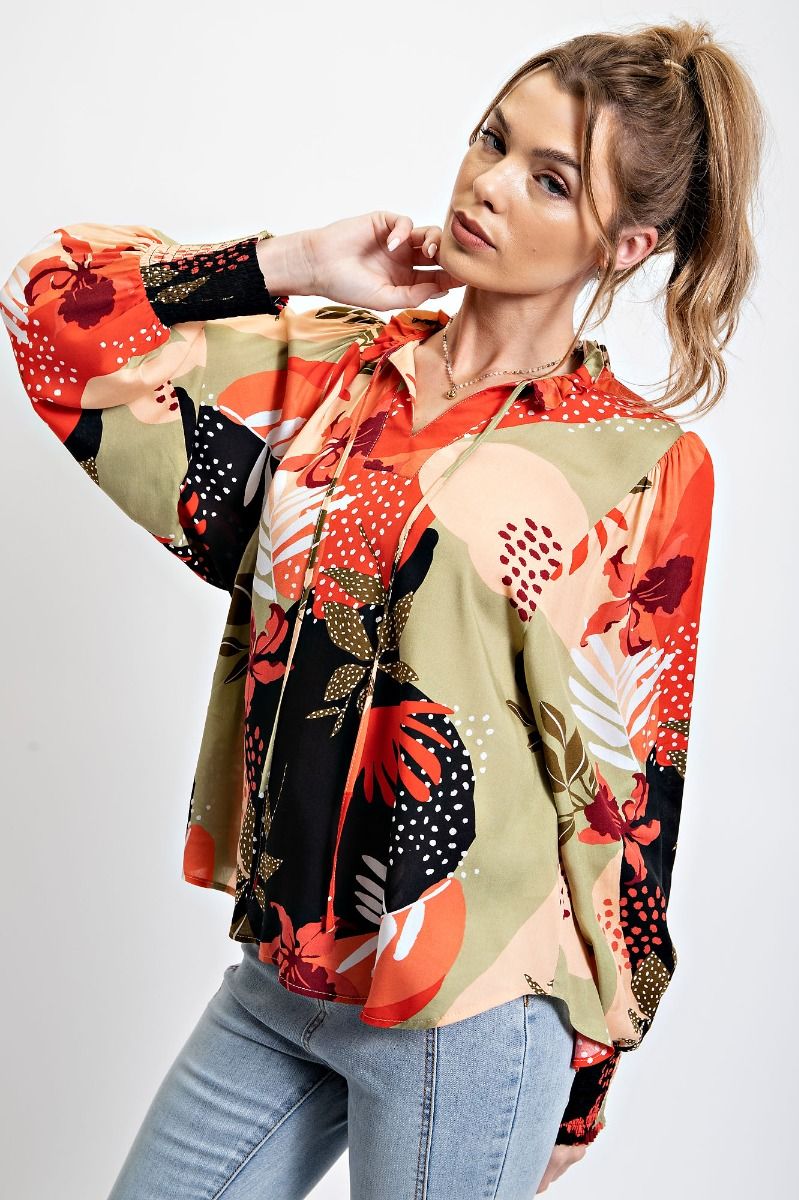 Easel Plus Floral Printed Challis Smocked Long Cuffs Blouse Tops