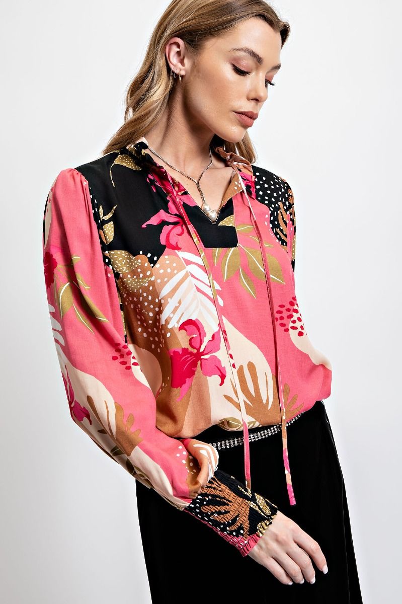 Easel Plus Floral Printed Challis Smocked Long Cuffs Blouse Tops