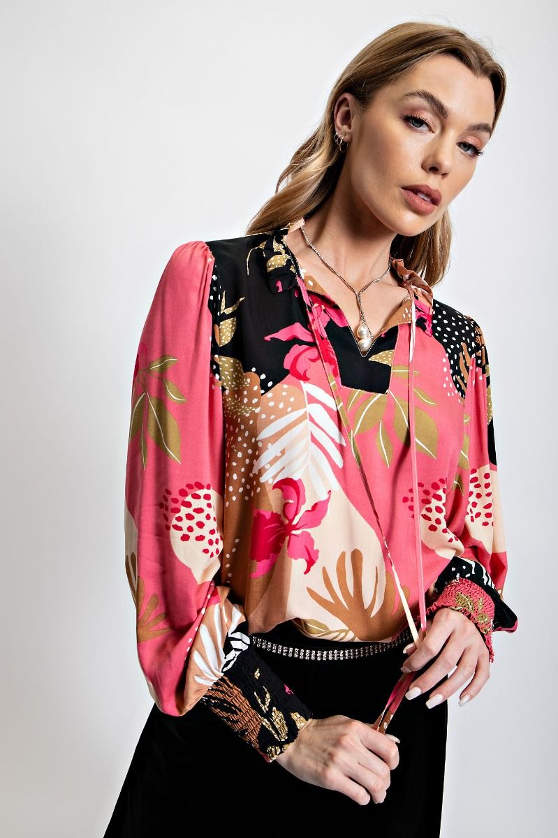 Easel Plus Floral Printed Challis Smocked Long Cuffs Blouse Tops
