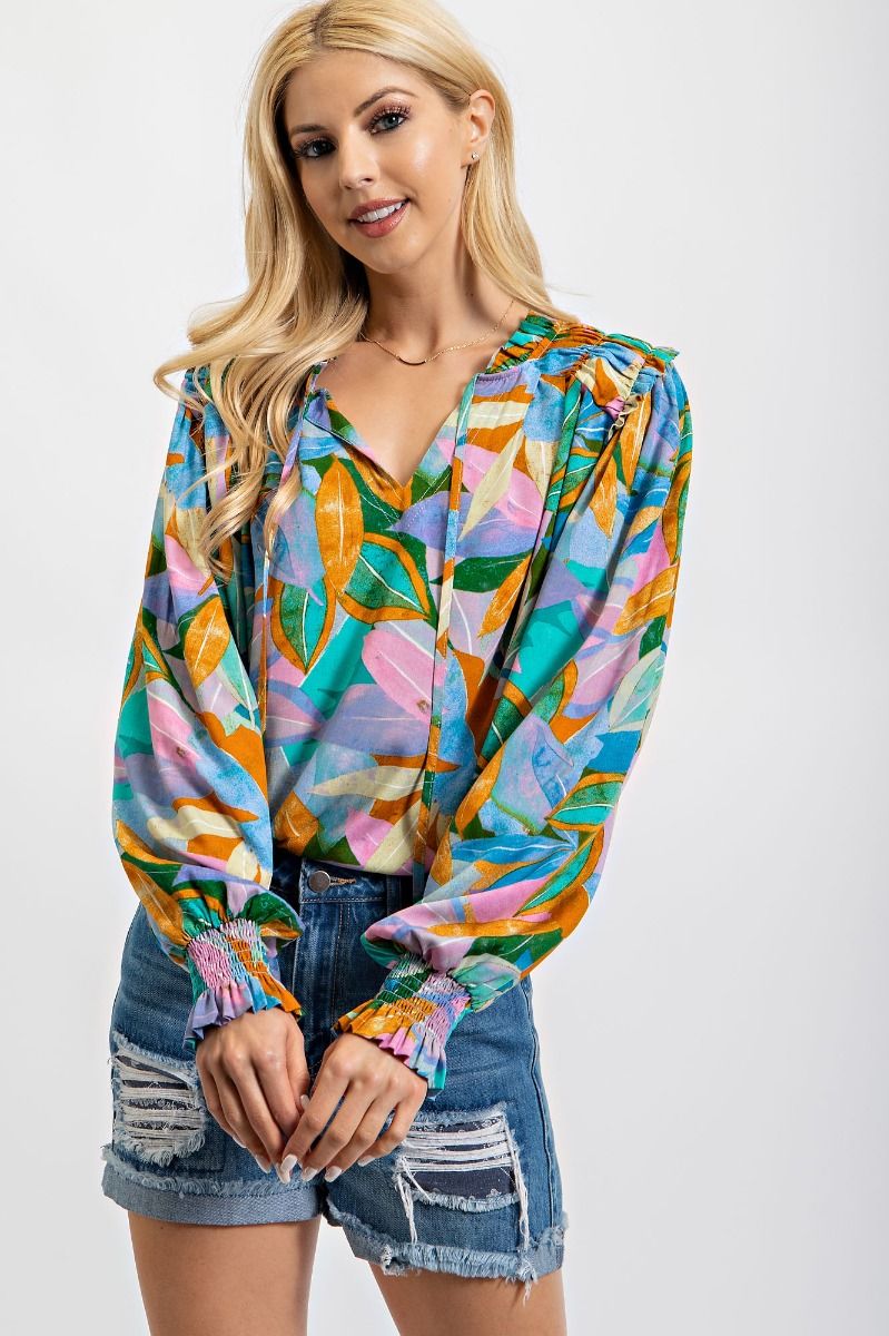 Easel Plus Tropical Printed Smocked Cuffs Challis Tops