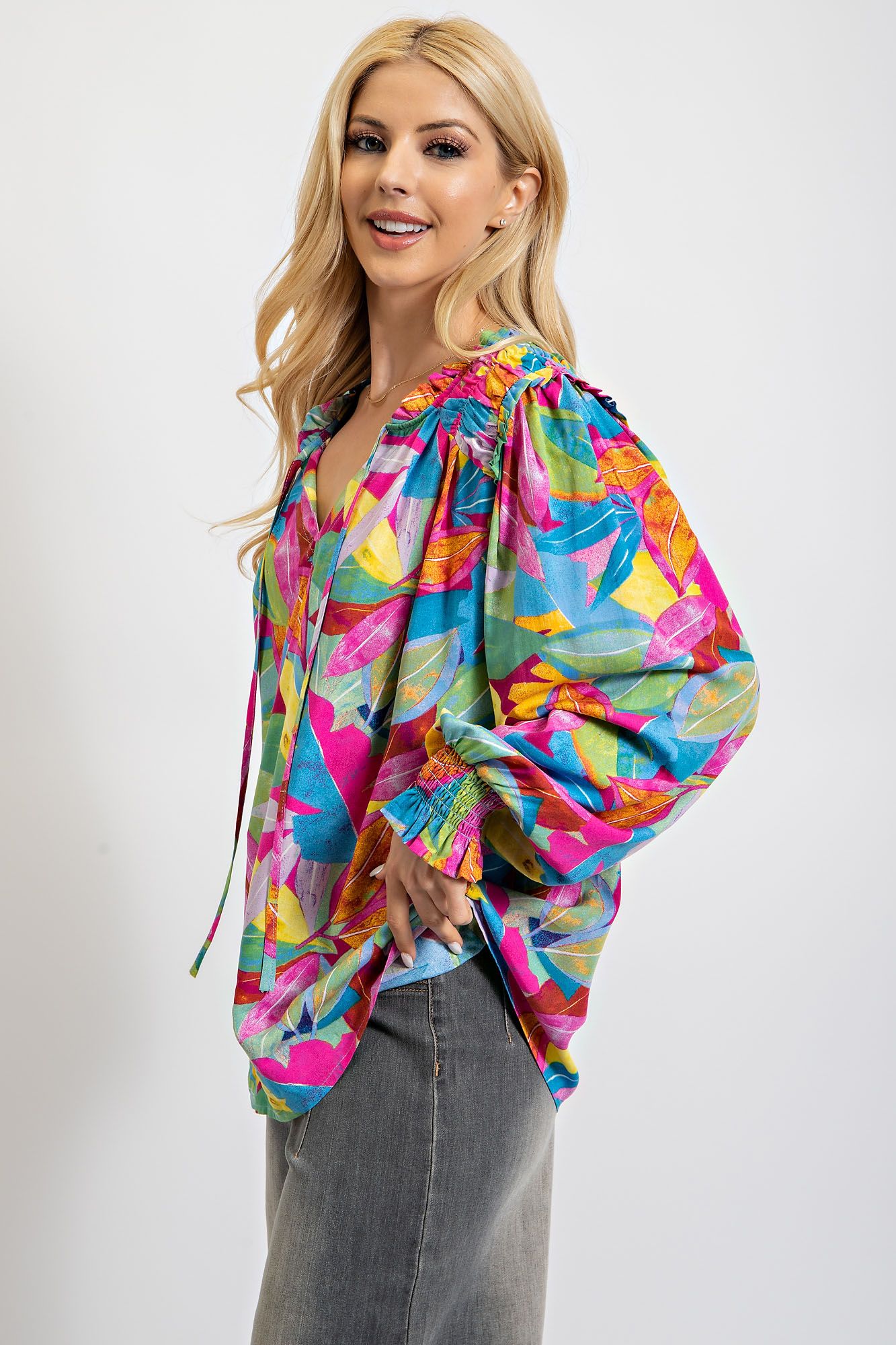 Easel Plus Tropical Printed Smocked Cuffs Challis Tops