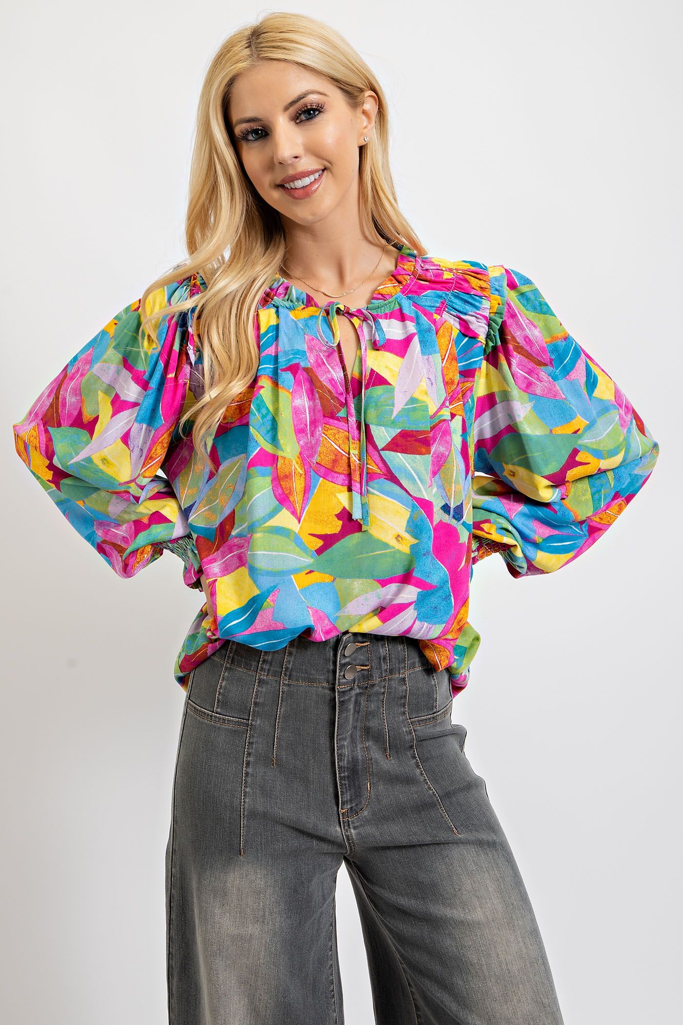Easel Plus Tropical Printed Smocked Cuffs Challis Tops