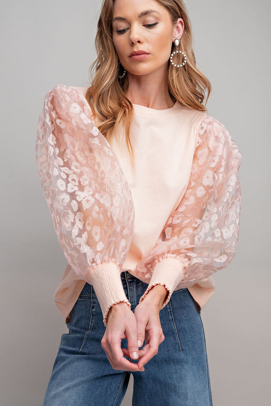 Easel Plus Organza Sleeves Knit Rounded Neck Body Tops