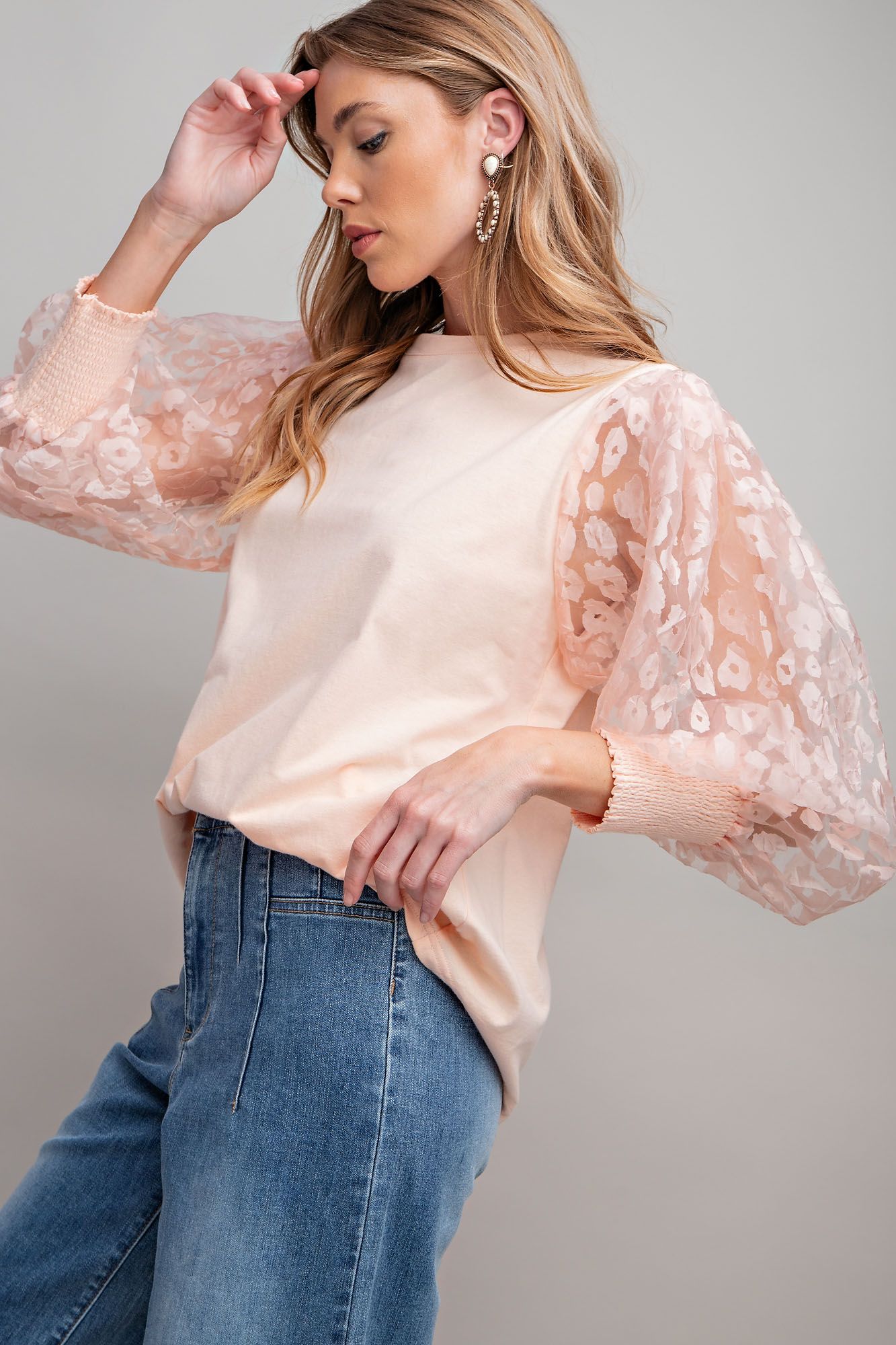 Easel Plus Organza Sleeves Knit Rounded Neck Body Tops