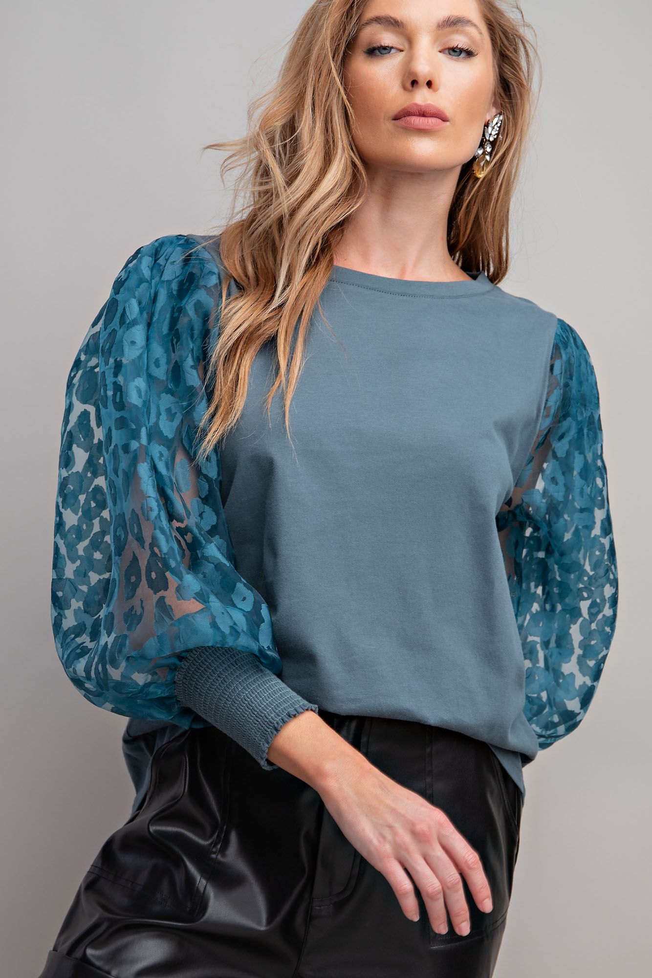 Easel Plus Organza Sleeves Knit Rounded Neck Body Tops