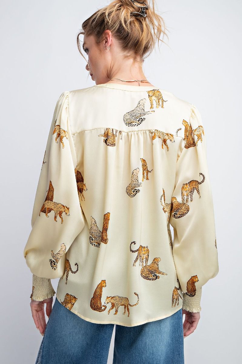 Easel Plus Cheetah Print Satin Smocked Cuffs Blouse Tops
