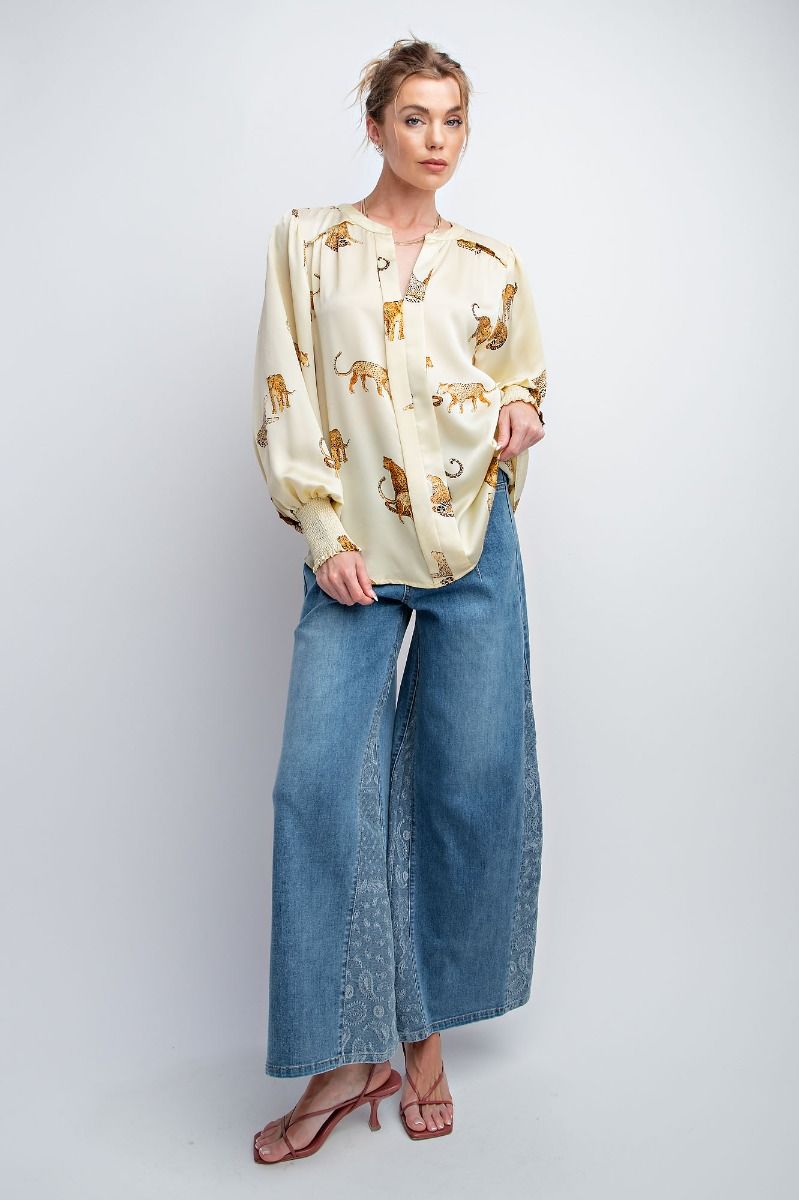 Easel Plus Cheetah Print Satin Smocked Cuffs Blouse Tops