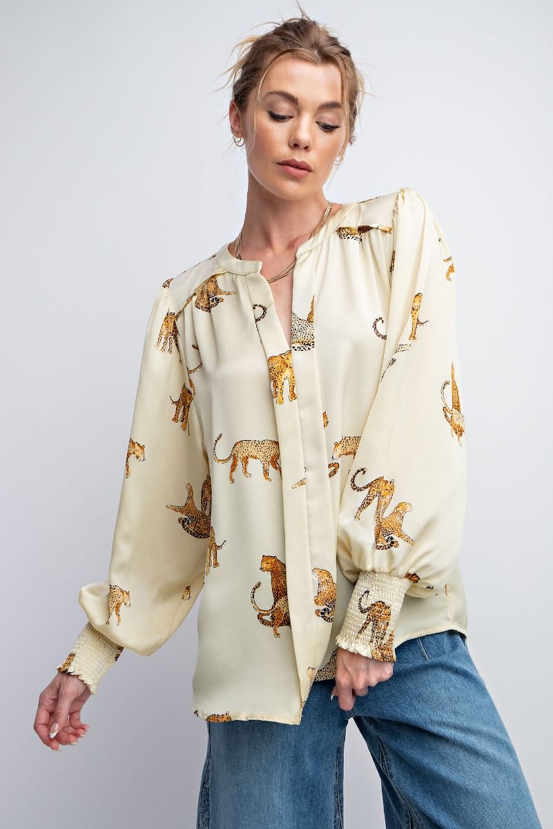 Easel Plus Cheetah Print Satin Smocked Cuffs Blouse Tops