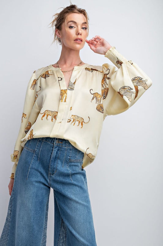 Easel Plus Cheetah Print Satin Smocked Cuffs Blouse Tops