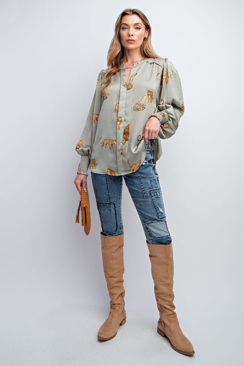 Easel Plus Cheetah Print Satin Smocked Cuffs Blouse Tops