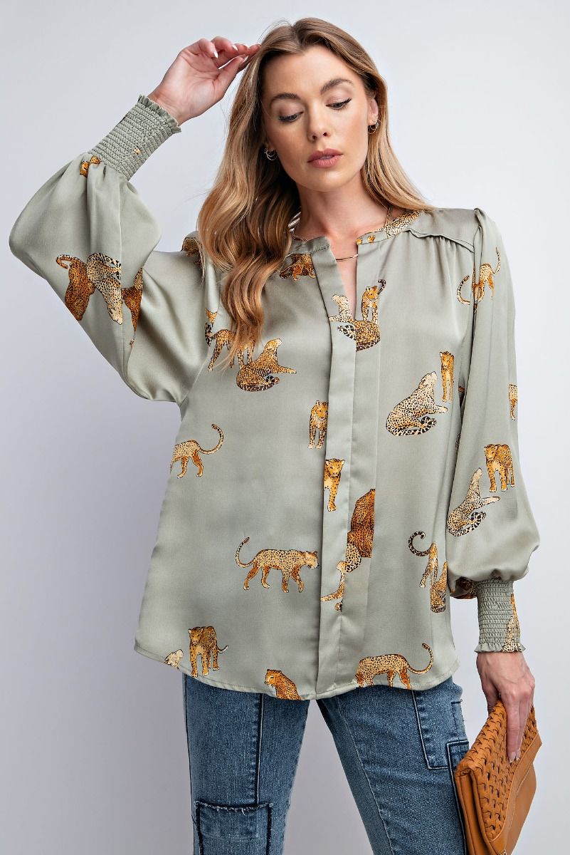 Easel Plus Cheetah Print Satin Smocked Cuffs Blouse Tops