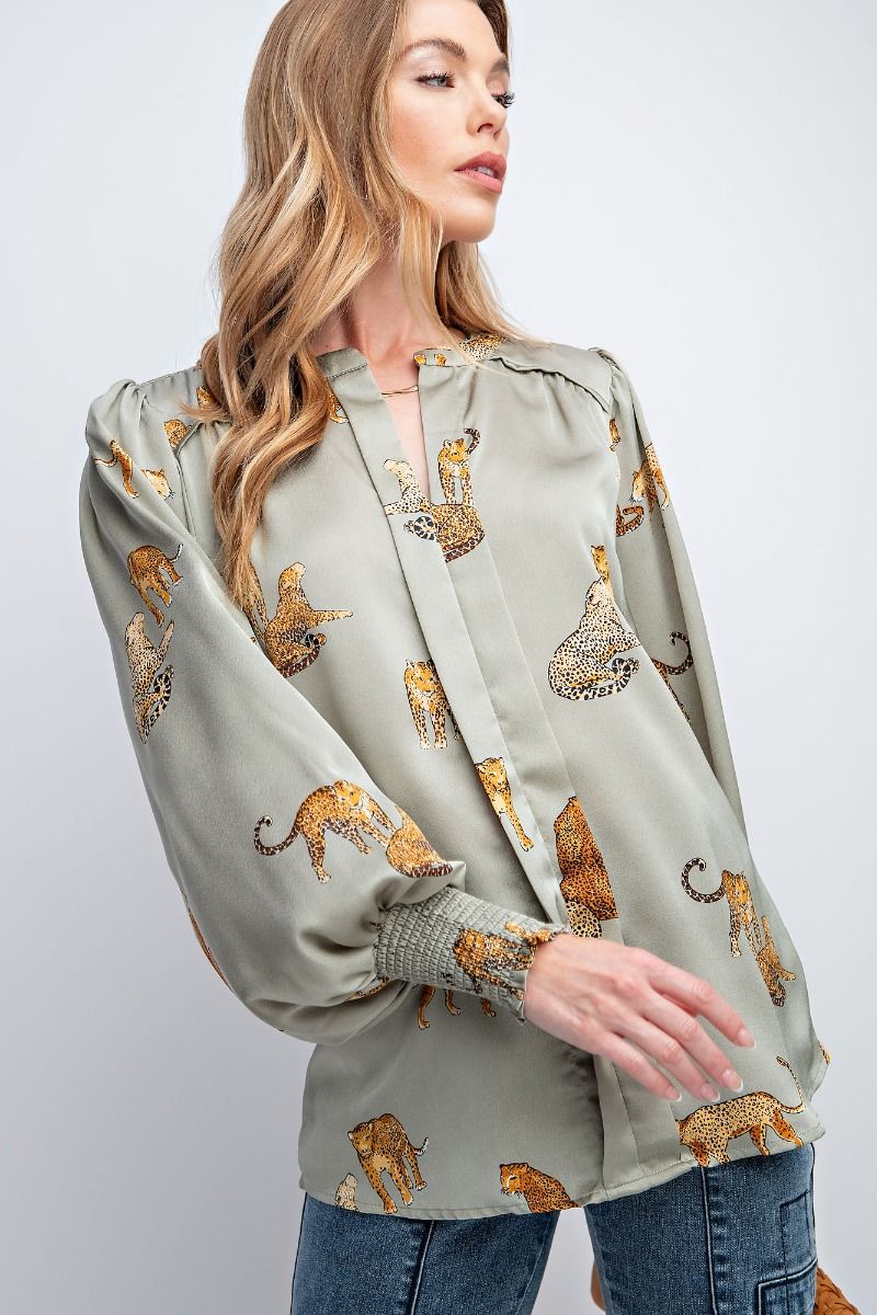 Easel Plus Cheetah Print Satin Smocked Cuffs Blouse Tops