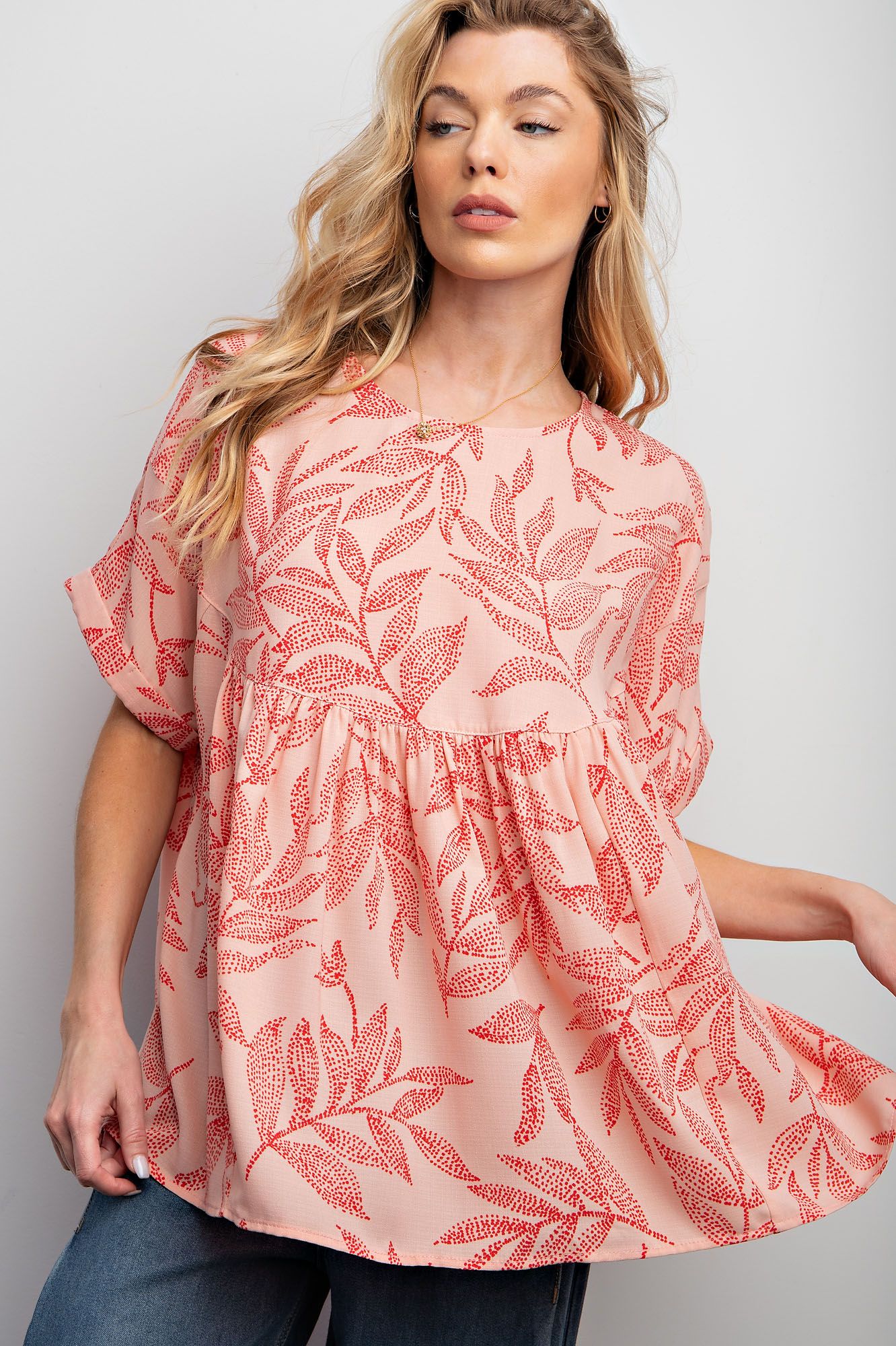 Easel Plus Leaf Printed Laura Linen Babydoll Tunic Tops