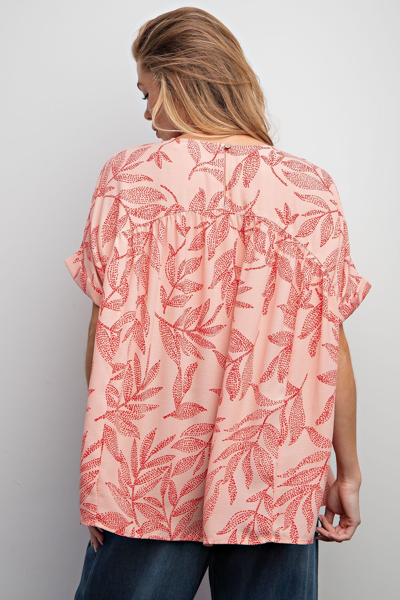 Easel Plus Leaf Printed Laura Linen Babydoll Tunic Tops