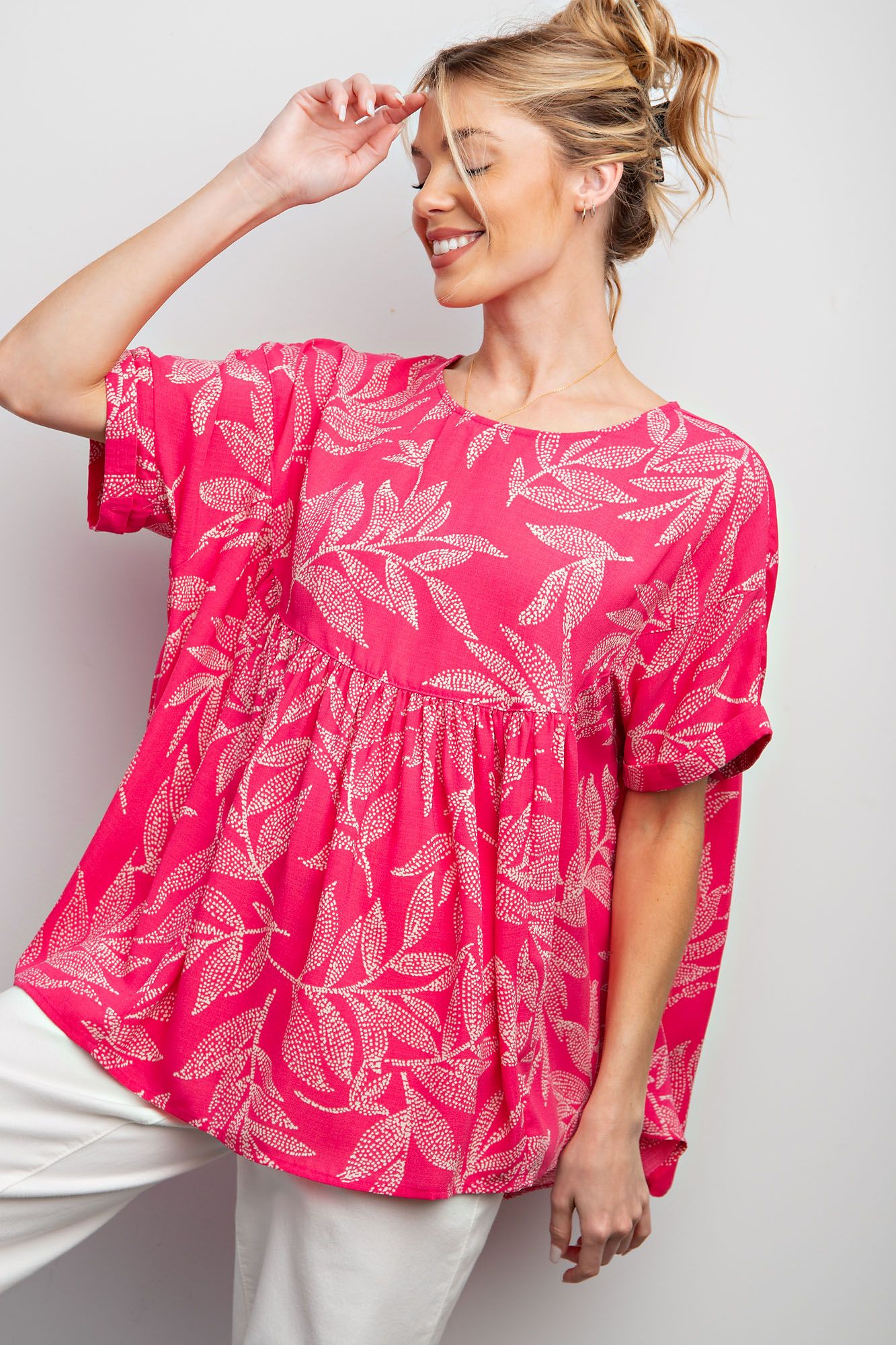 Easel Plus Leaf Printed Laura Linen Babydoll Tunic Tops