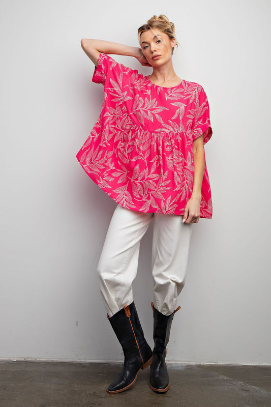 Easel Plus Leaf Printed Laura Linen Babydoll Tunic Tops