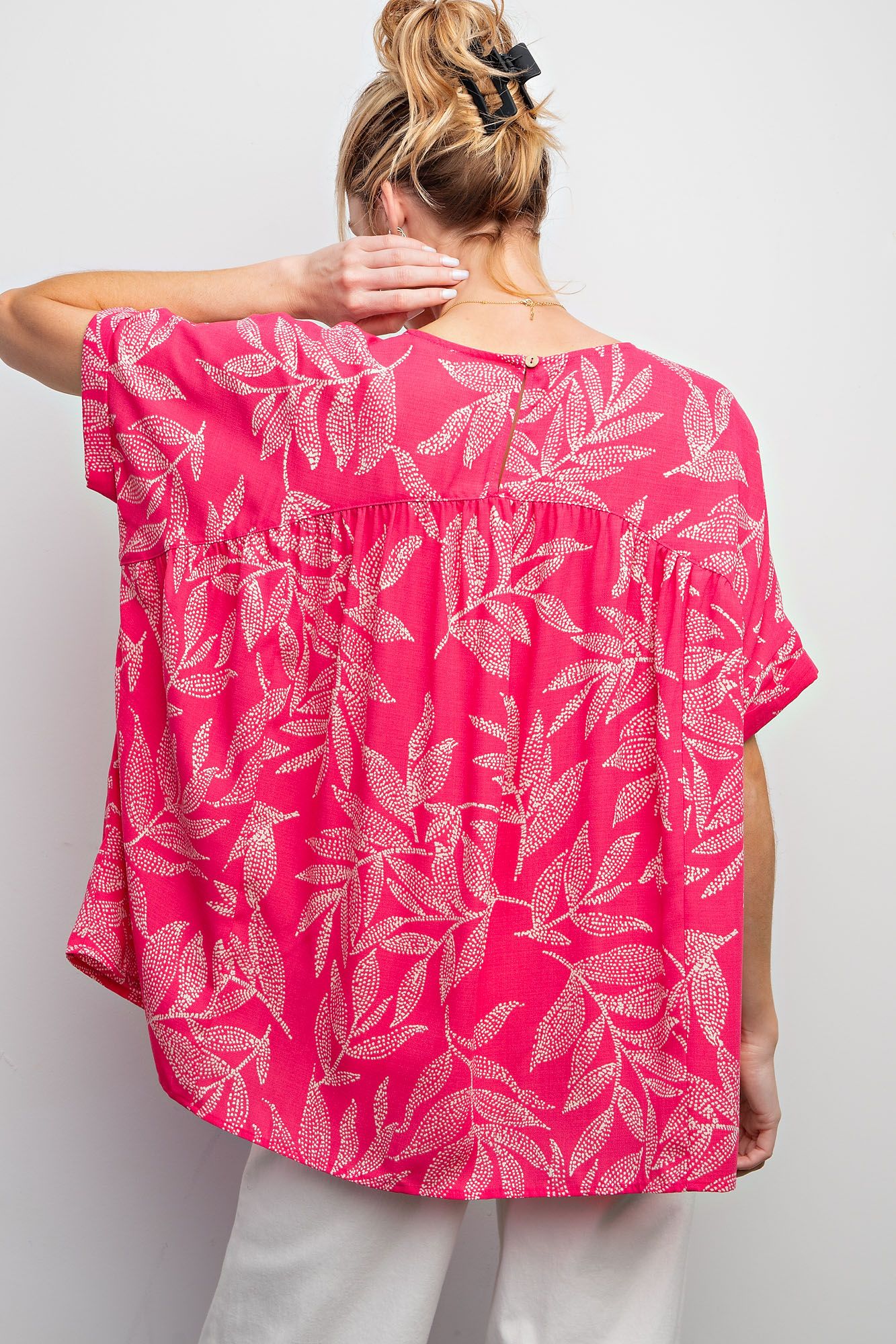 Easel Plus Leaf Printed Laura Linen Babydoll Tunic Tops