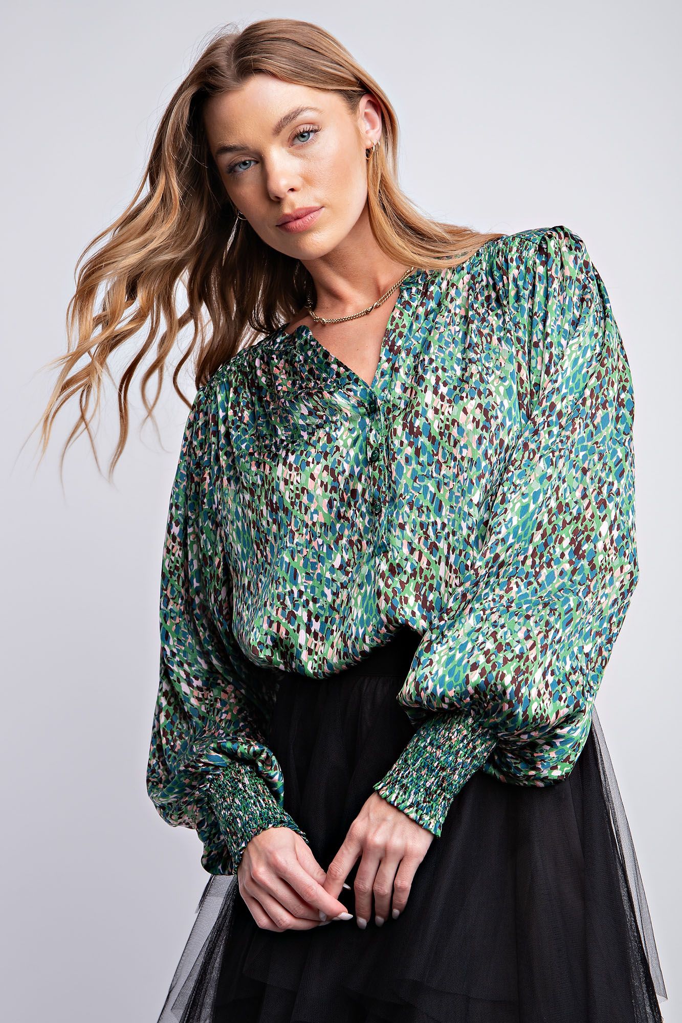 Easel Plus Abstract Printed Yoru Satin Notched Neck Blouse Tops