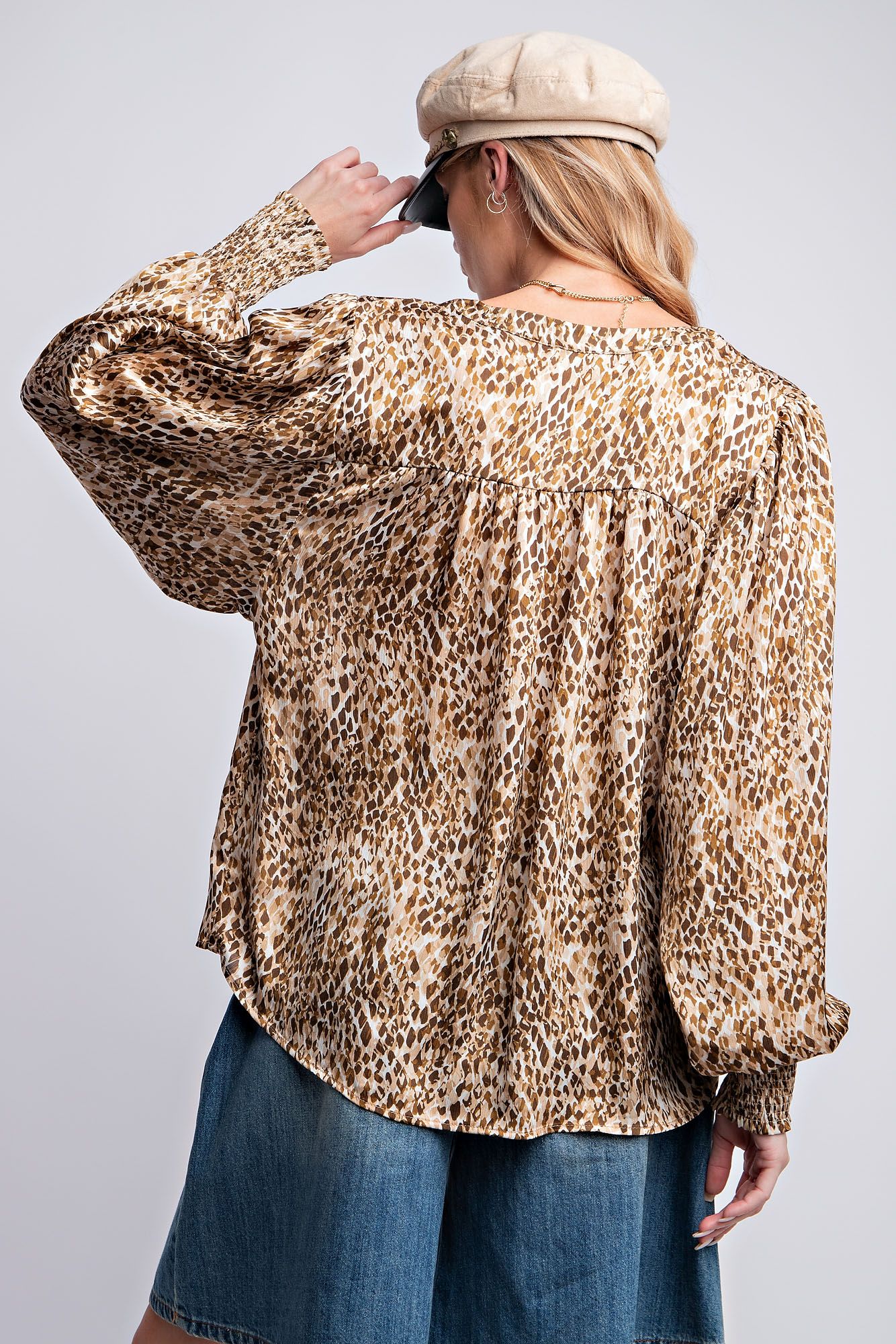 Easel Plus Abstract Printed Yoru Satin Notched Neck Blouse Tops