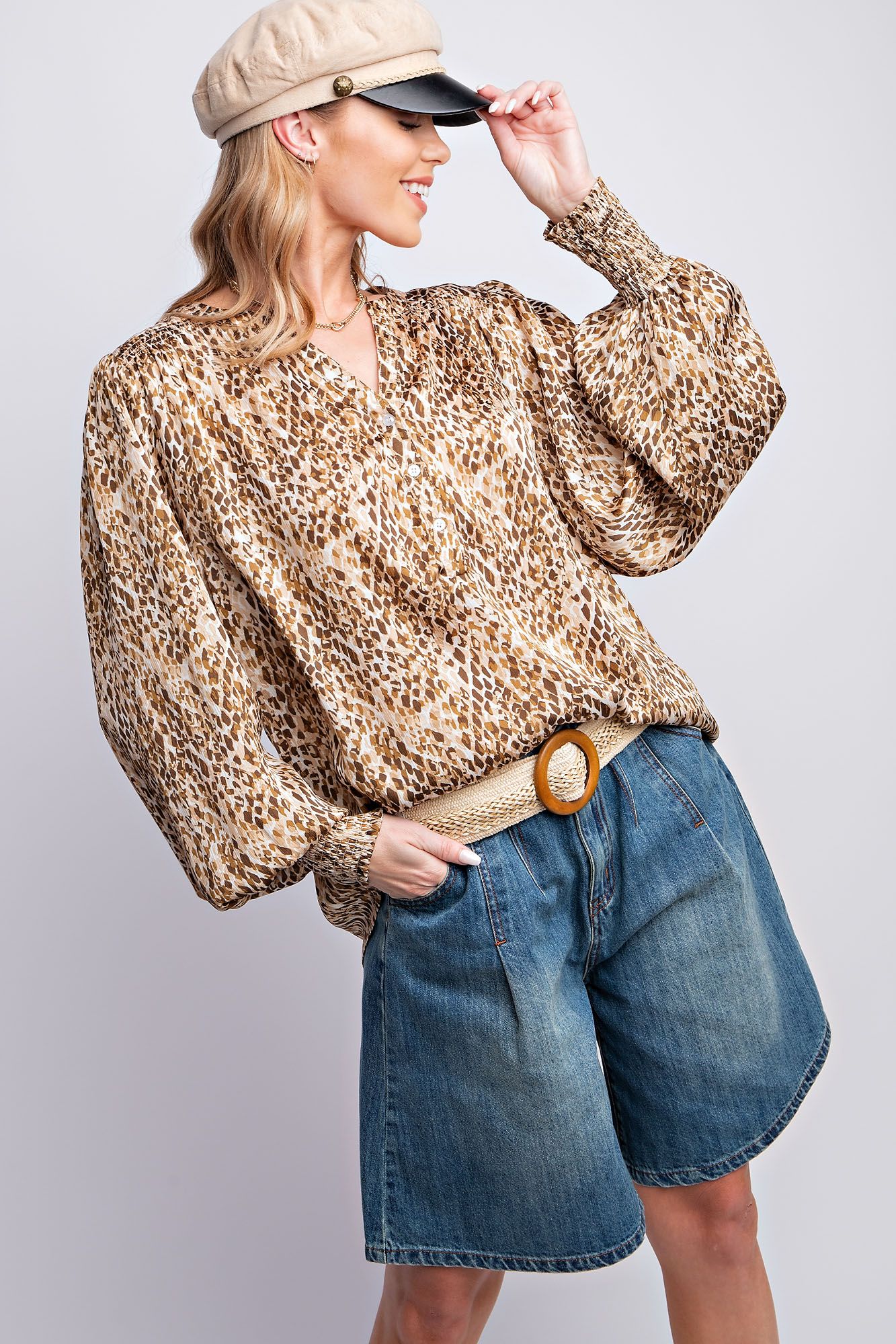 Easel Plus Abstract Printed Yoru Satin Notched Neck Blouse Tops