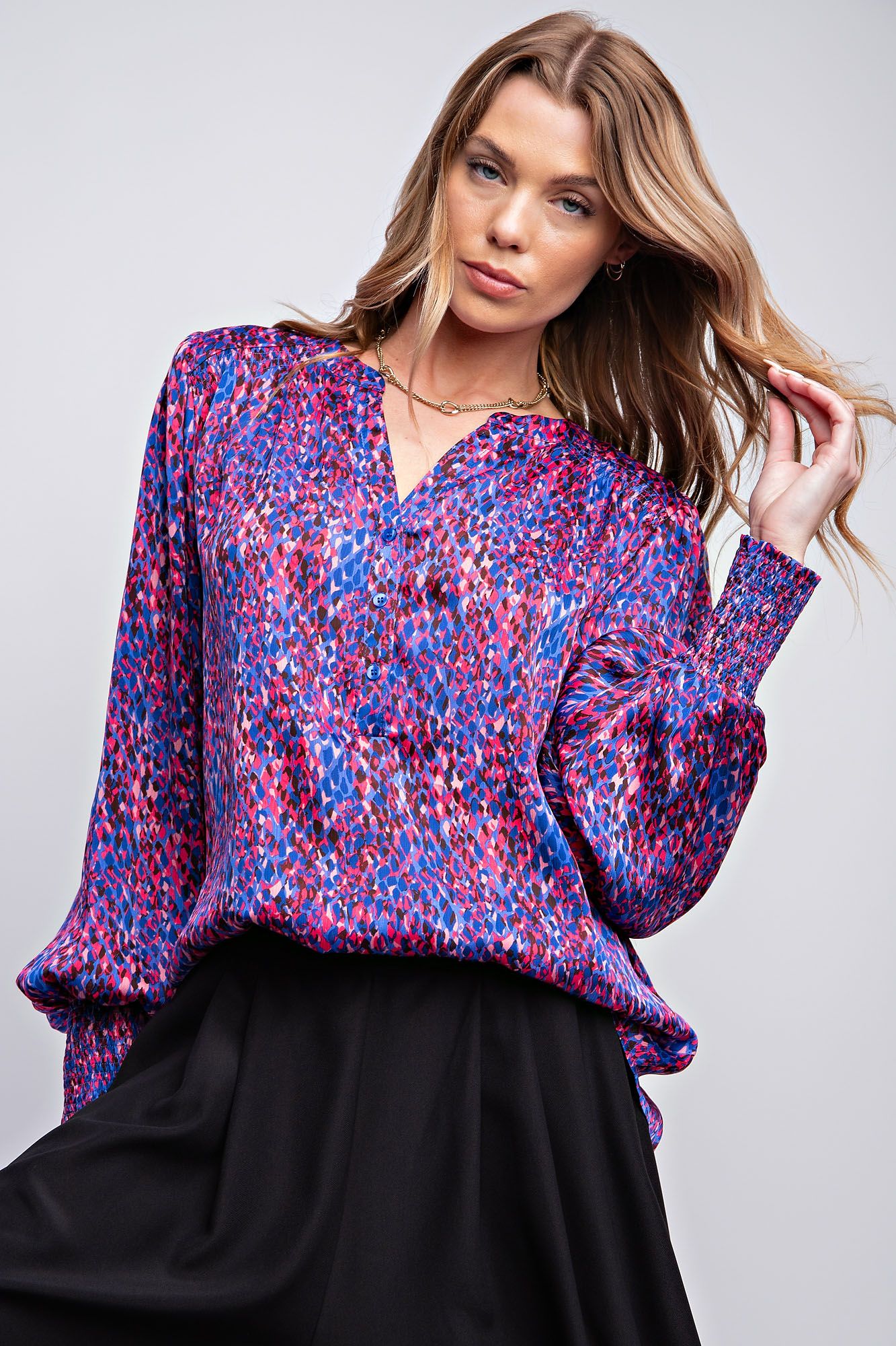 Easel Plus Abstract Printed Yoru Satin Notched Neck Blouse Tops