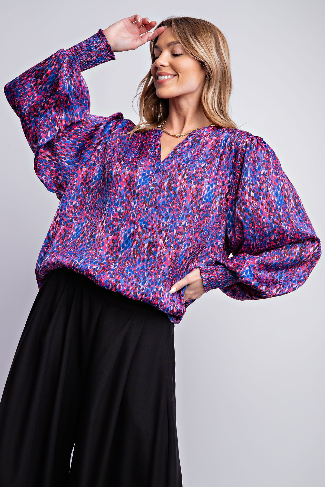 Easel Plus Abstract Printed Yoru Satin Notched Neck Blouse Tops